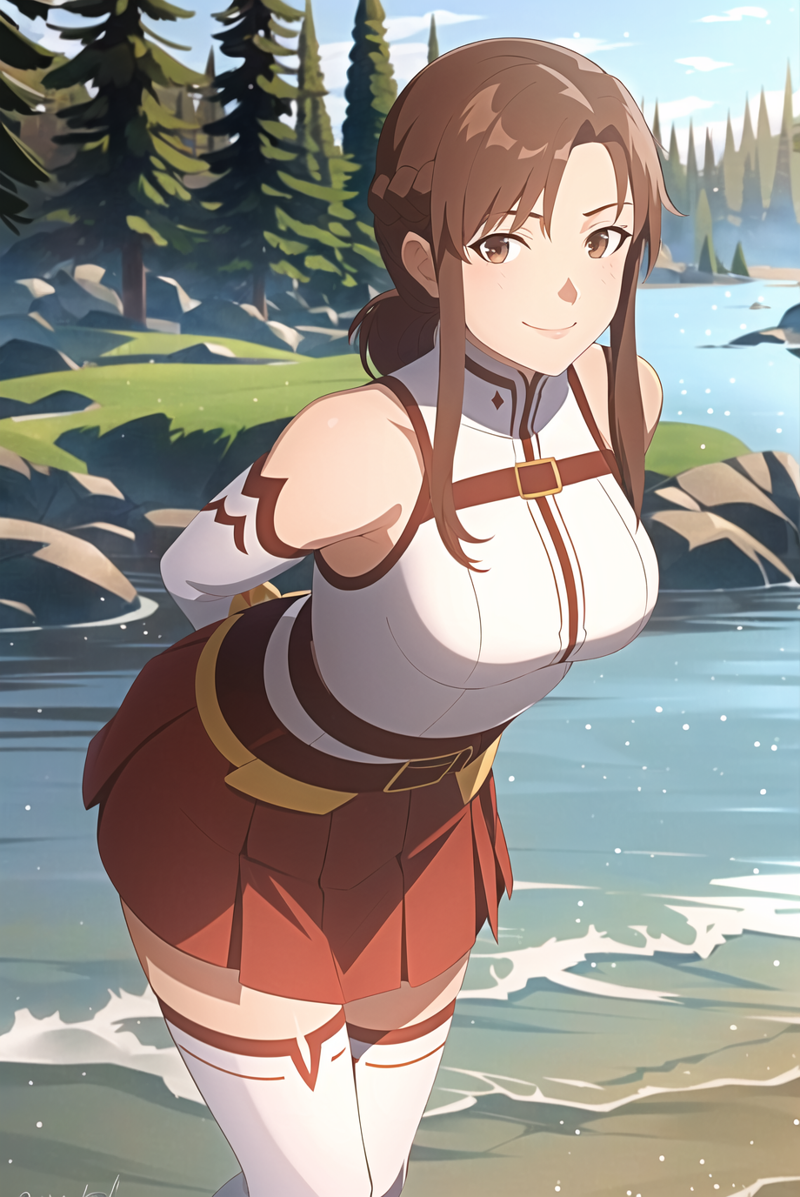 3978522358-420976072-vox machina style, asuna _(sao_), outdoors, trees, grass, river,_1girl, armor, arms behind back, asymmetrical bangs, bangs, bare.png